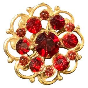 Vintage Gold-Tone Red Crystal Flower Brooch Pin Victorian Style Costume Jewelry